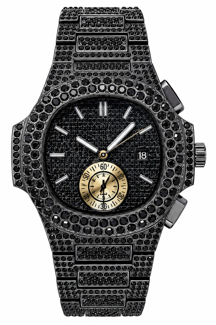 Mens Iced Luxury Fully Covered Black Simulated Diamonds Quartz Movement Watch